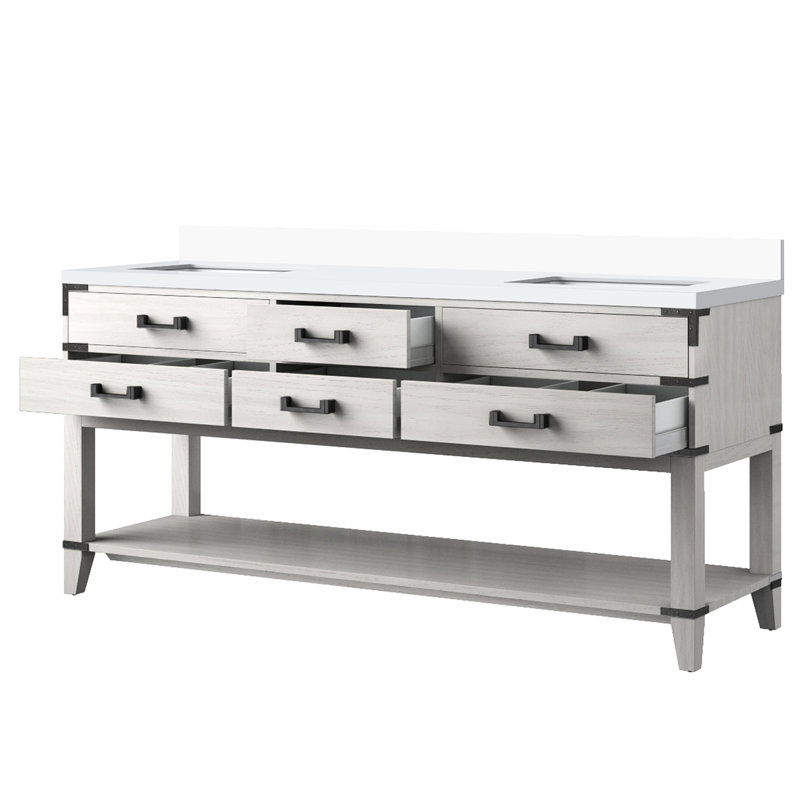 72 po X 22 Meuble-lavabo en chêne blanc avec quartz scellé - bois massif, fermeture en douceur, 4 tiroirs et armoire ouverte pour salle de bain Grace W P