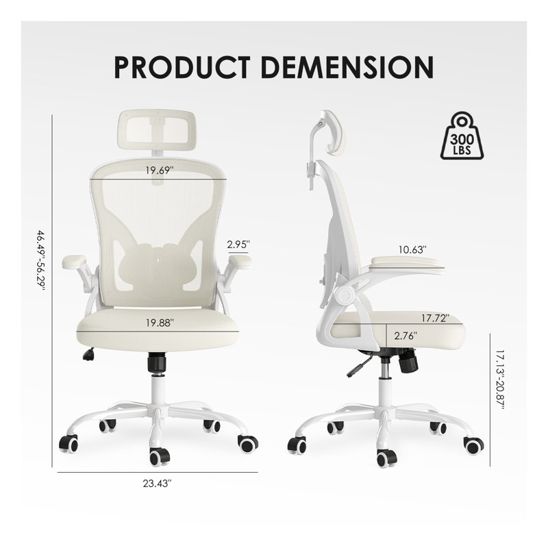 Chaise de bureau ergonomique en filet avec support lombaire réglable, chaise de bureau à haut dossier avec accoudoirs rabattables et appui-tête - Blanc