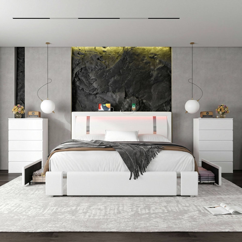 Ensemble de chambre à coucher 3 pièces avec lit de rangement et 2 commodes à 5 tiroirs, Lit double, White