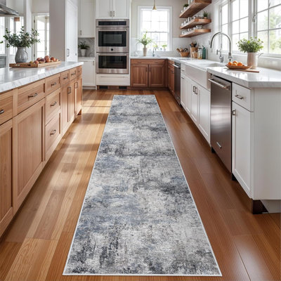 Willington Washable Abstract Area Rug, Low Pile Non Slip Stain Resistant Distressed Indoor Decor Carpet, Gray/Blue, Perfect for Living Room Bedroom Dining Room Entryway Office