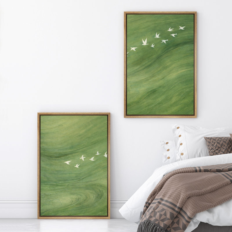 «Minimal Green Birds», reproduction d'art sur toile encadrée pour chambre principale, 2 pièces, Naturel