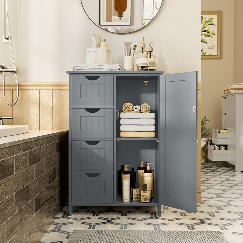 Eliazer Bathroom Floor Storage Cabinet, Bathroom Cabinet Freestanding, with 4 Drawers, Adjustable Shelf, Gray