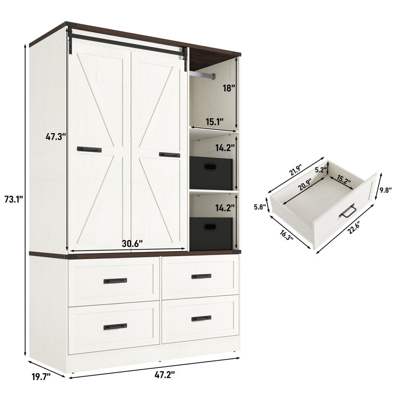 73.00''H Armoire Wardrobe With Sensor Light, Drawers, And Hanging Rod, White