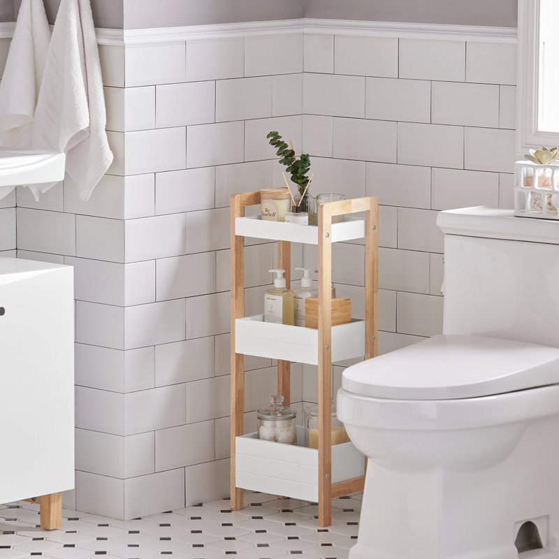 Bathroom Shelf 3-Tier Freestanding Organizer with Steel Frame for Bathroom Kitchen Bedroom,White & Natural , White/Natural