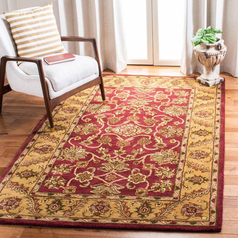 Santoyo Oriental Handmade-Tufted Wool Burgundy Area Rug, Rectangle 5' x 8'