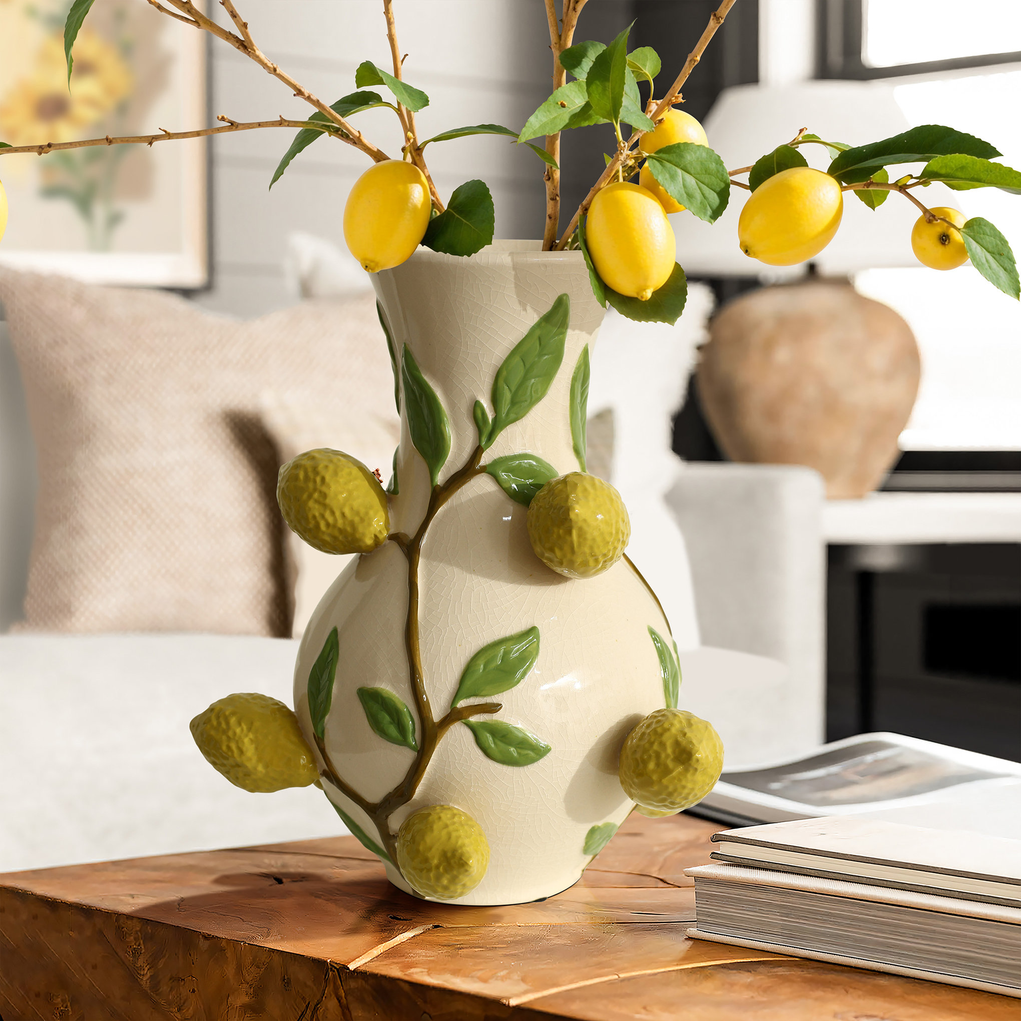 Lark Manor Ivory with Yellow Lemons 13.8-Inch Tall Vase & Reviews | Wayfair