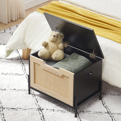 Banc de rangement pour hall d'entrée 23,6 po, coffre de rangement en rotin avec charnière de sécurité et ouverture en forme de U, facile à assembler, pour le couloir, la chambre à coucher, le salon, noir