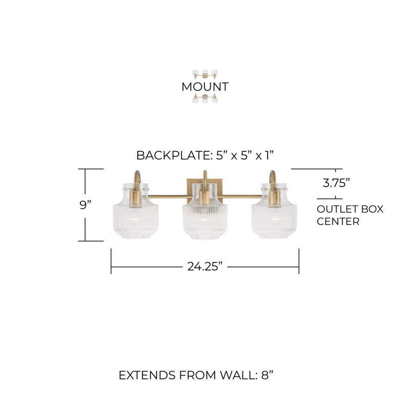 3 - Light Dimmable Vanity Light, Aged Brass