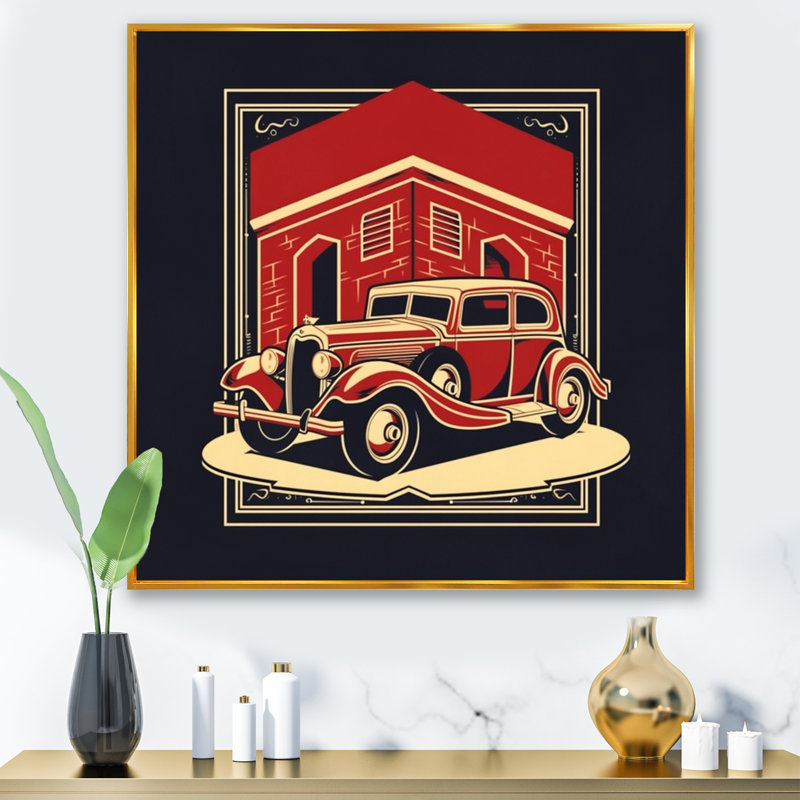 «Red and Black Reflections Of Retro Cars», reproduction d'art sur toile rétro, L 24 po x H 24 po, Cadre flottant doré