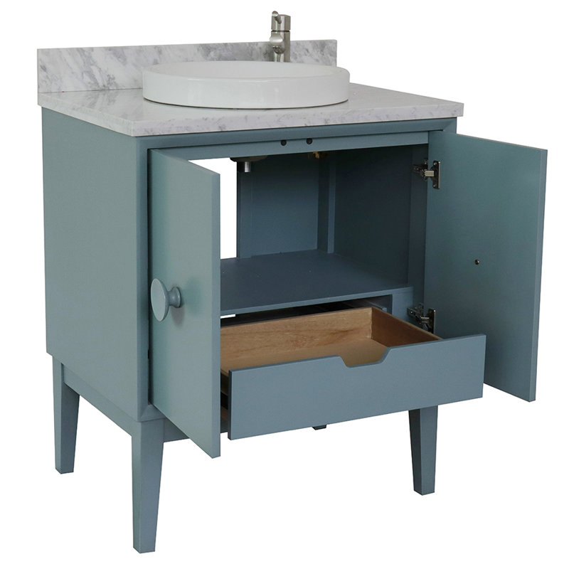 Crumley 31'' Free-standing Single Bathroom Vanity with Stone Vanity Top, Aqua Blue/White Carrara