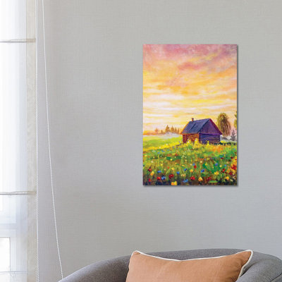 Old Rural House On Field Flowers by Valery Rybakow - Painting on Canvas