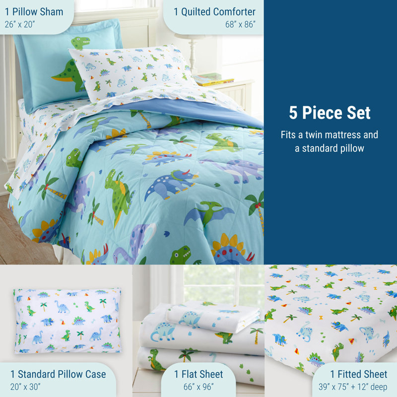 Ensemble de literie pour lit simple 5 pièces Wildkin - édredon, draps et taie d'oreiller 100% coton - Dinosaur Land