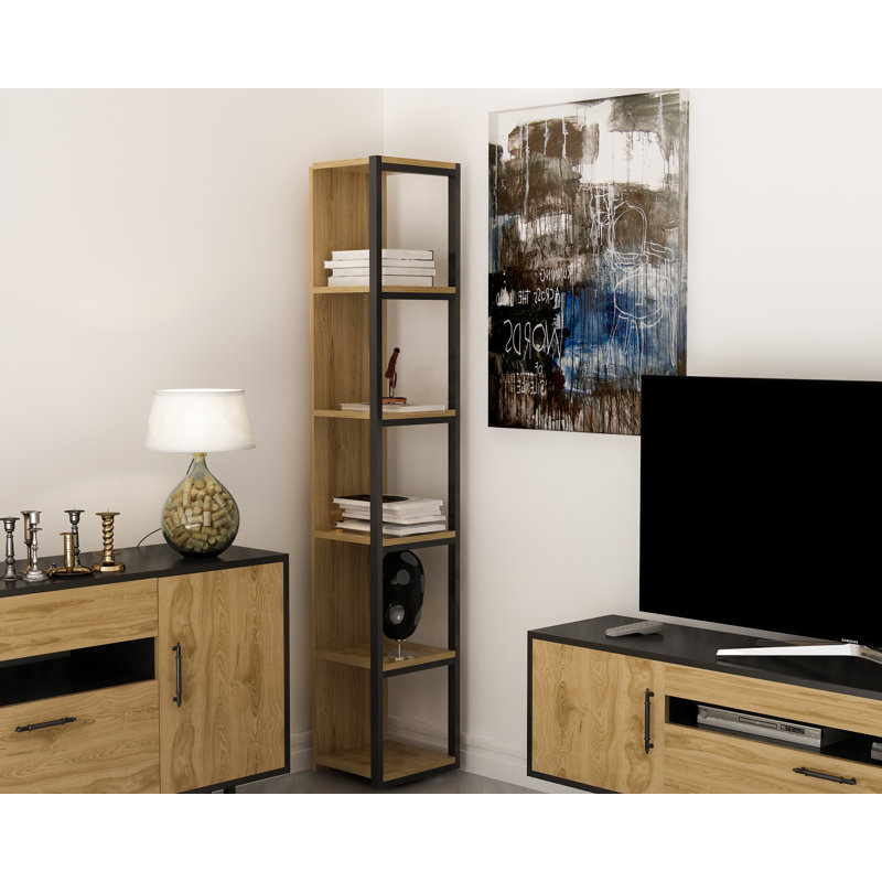 Abshire 180.cm H Stainless Steel Standard Bookcase, Oak/Black