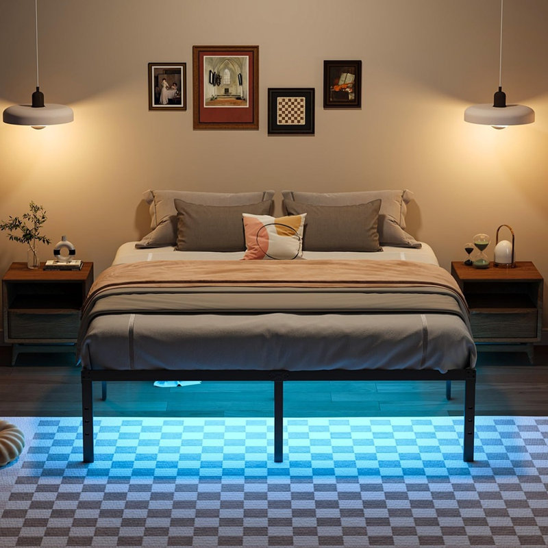 Full Bed Frame, 18 Inch Bed Frame With LED Lights, Metal Platform Bed Frame Full, Easy Assembly, No Box Spring Needed, Black