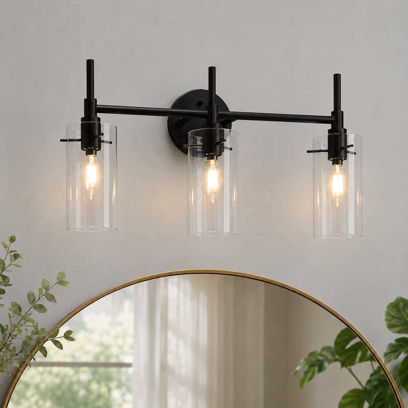 3-Light Dimmable Transparent Glass Modern Vanity Light, Matte Black, 3 Light