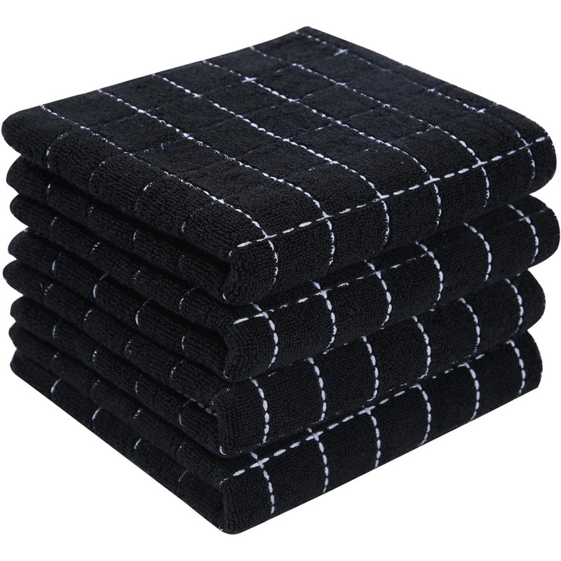 100% Cotton Terry Kitchen Towels(Black), Checkered Designed, Soft And Super Absorbent Dish Towels, 4 Pack
