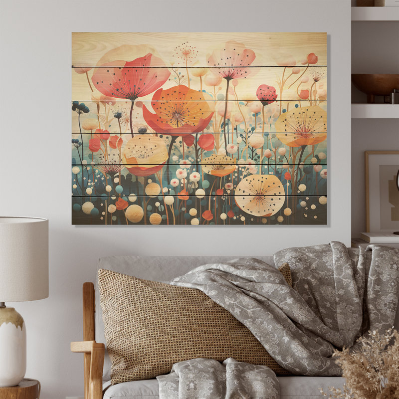 Fleurs surréalistes fusionnant avec la nature onirique - plantes, art sur bois de pin naturel, H 30 po x l 40 po