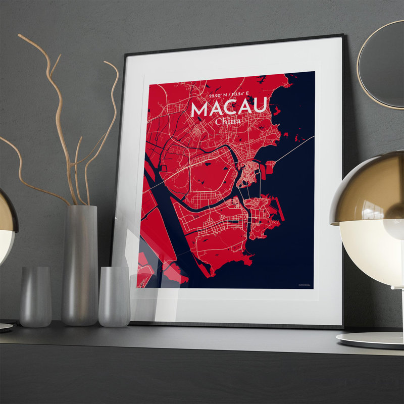 Macau, carte de la ville, impression, Rouge / bleu marine, H 20 po x l 16 po