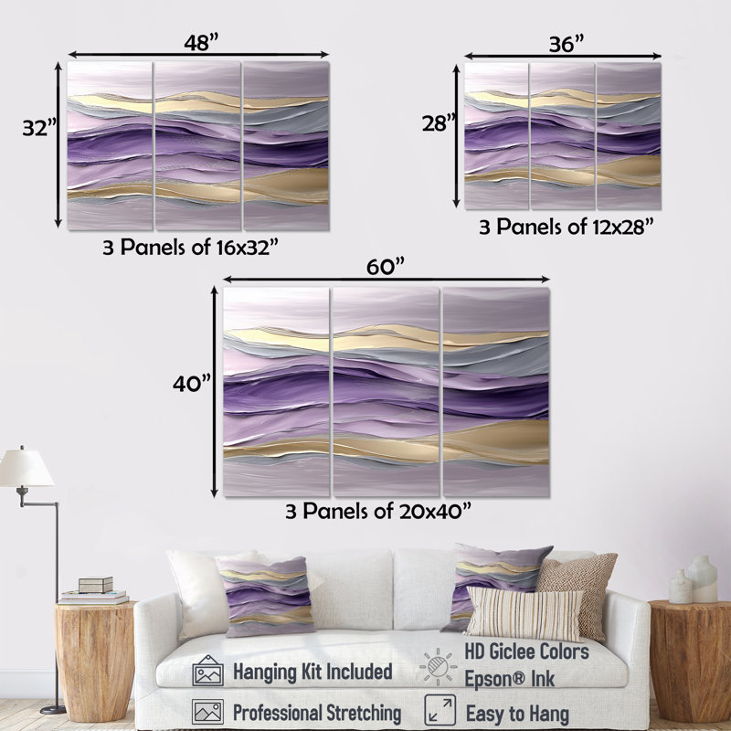 Lavande et pierres Transition Horizon II - ensemble transitionnel de 3 impressions murales, H 40 po x l 60 po, Toile tendue