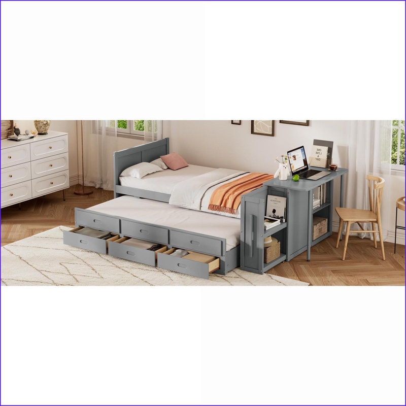 Lit plateforme simple en bois avec bureau, lit gigogne et amp; Tiroirs de rangement - Gris pour les pièces compactes, Gris