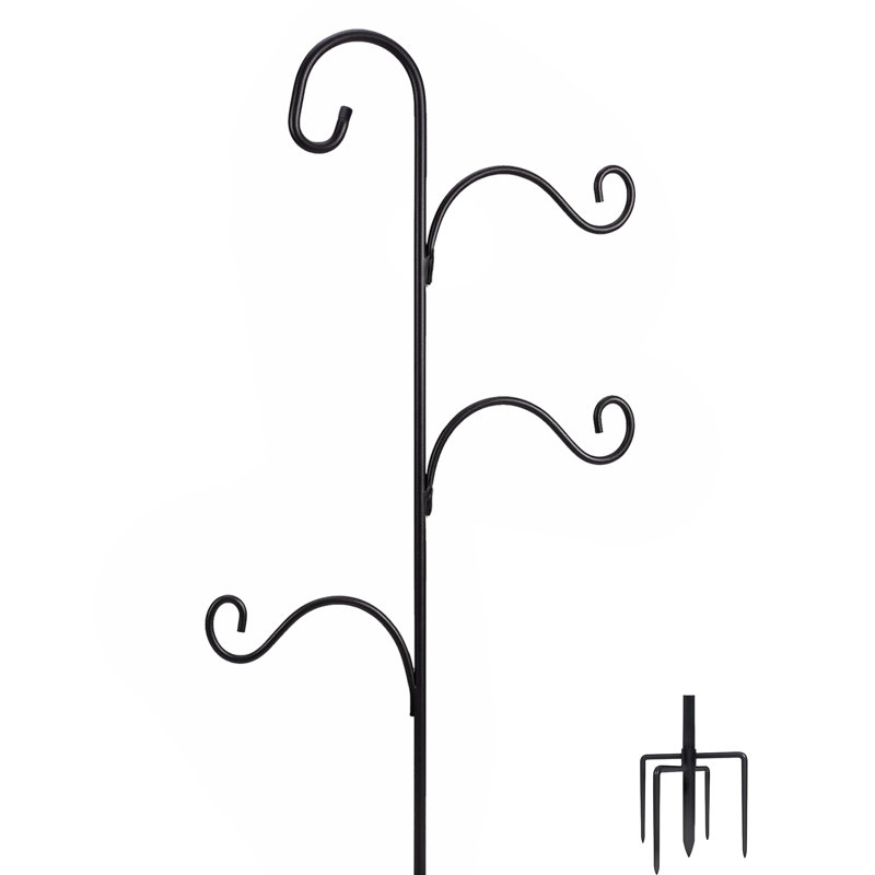 Crochets de berger multi-crochets de 193 cm (76 po) pour l'extérieur, support robuste pour mangeoire à oiseaux avec base à 5 branches, support de suspension en métal réglable pour jardin, mangeoires à oiseaux, paniers de fleurs, lanternes, carillons éoliens, noir