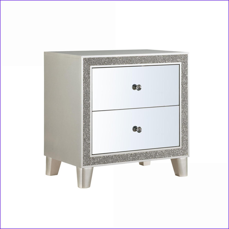 Table de chevet à miroir 2 tiroirs avec finition champagne pour chambre Glam
