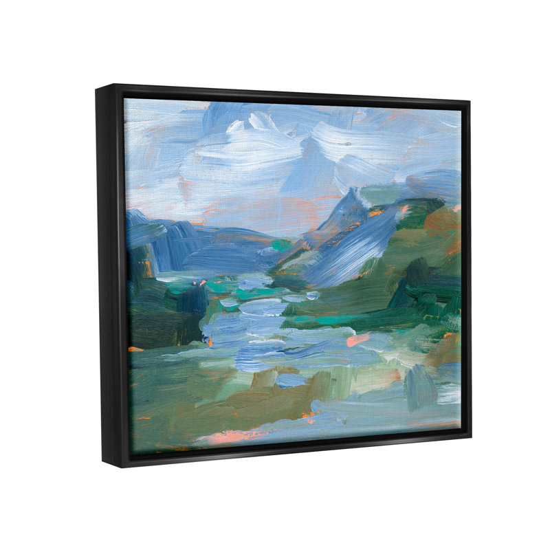 «River Through Mountains Abstract Scene», art mural encadré sur toile flottante par Ethan Harper, Cadre flottant noir de jais