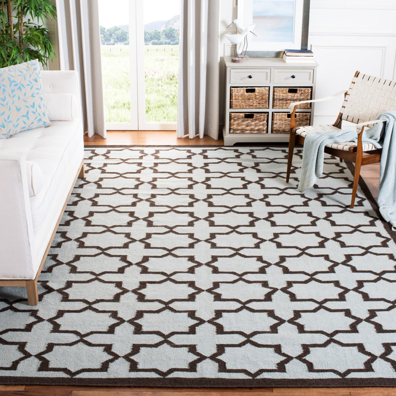 Warren Hand Woven Flat Weave Wool/Cotton Geometric Rug in Light Blue, Rectangle 4' x 6'