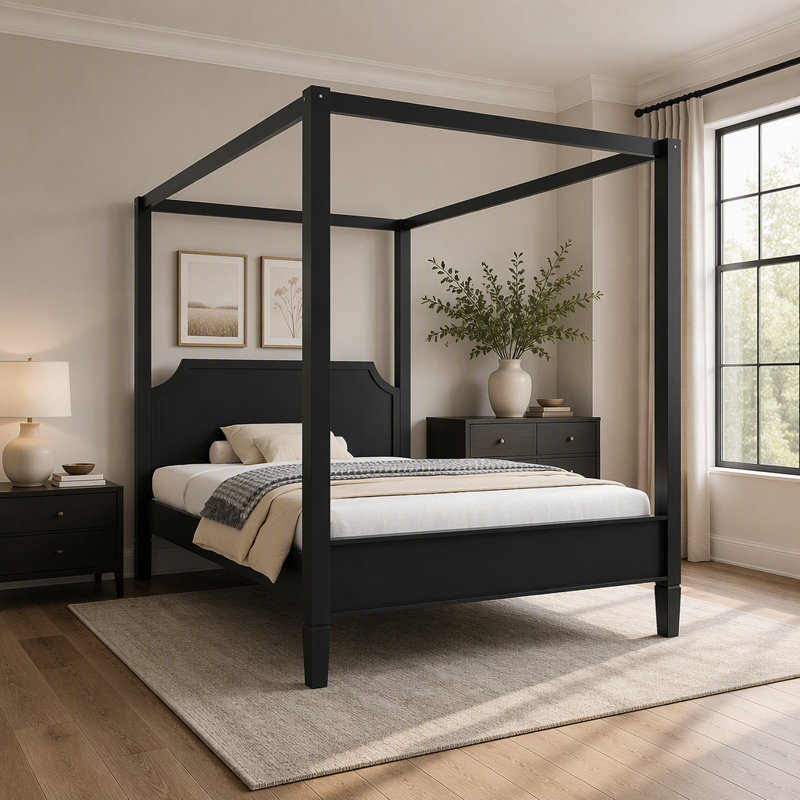 Grand lit plateforme à baldaquin en bois avec tête de lit et pieds de soutien, noir, Grand lit, Black
