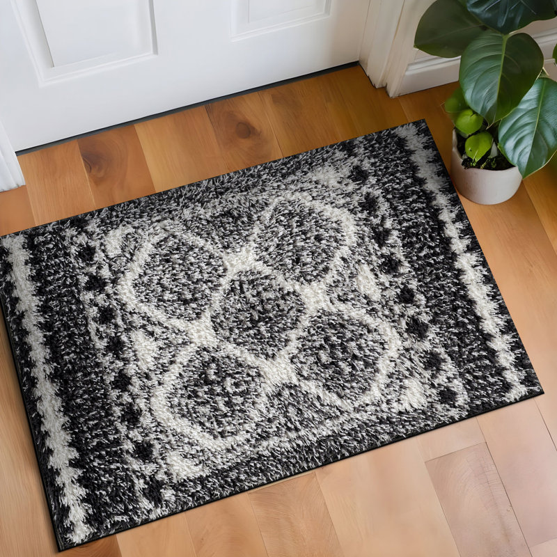 Tapis blanc à poils longs à motif géométrique - facile à nettoyer, facile à nettoyer, Rectangle 2' x 3'