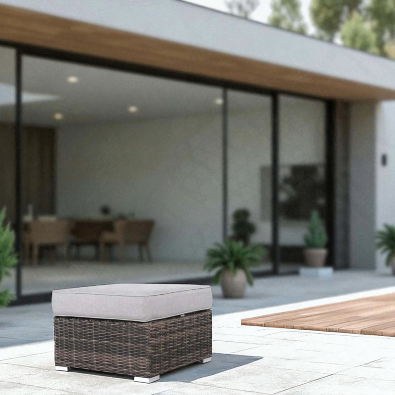 Fully Assembled Outdoor Ottoman with Weather-Resistant Wicker and Gray Cushion, Gray Cushion/Brown Frame