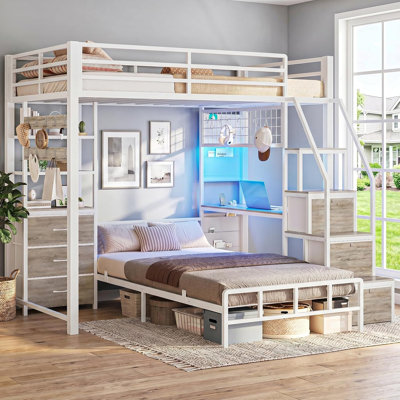 Twin Over Twin Bunk Bed with Desk & 6 Storage Drawers LED Metal Loft Bed with Hanging Rod & Side Storage Bag, Space Saving, White & Gray