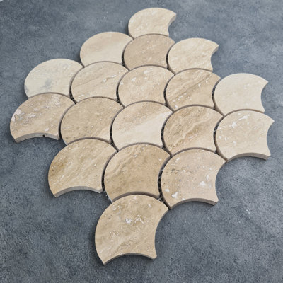 Patara Ivory Laguna 3"" x 3"" Natural Stone Fish Scale Mosaic Wall & Floor Tile -  Miletos Stone Collection, M-Laguna Patara