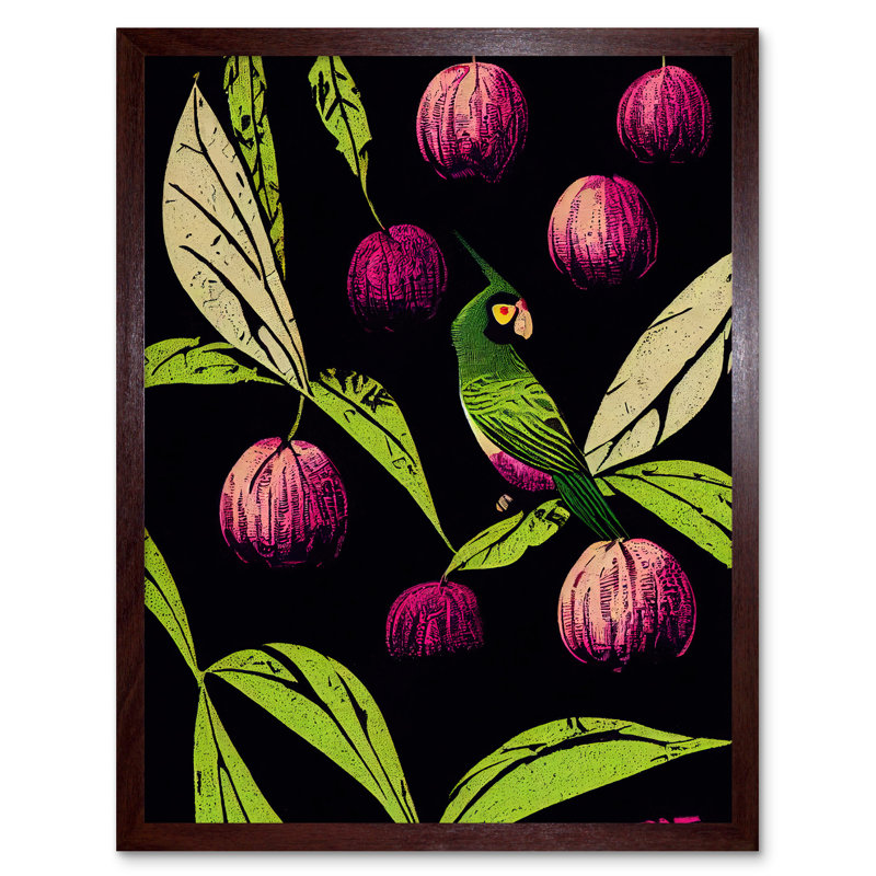 Tree Fruit Parrot Linocut Modern Vintage - Painting, 43cm H x 33cm W, Brown Framed Paper