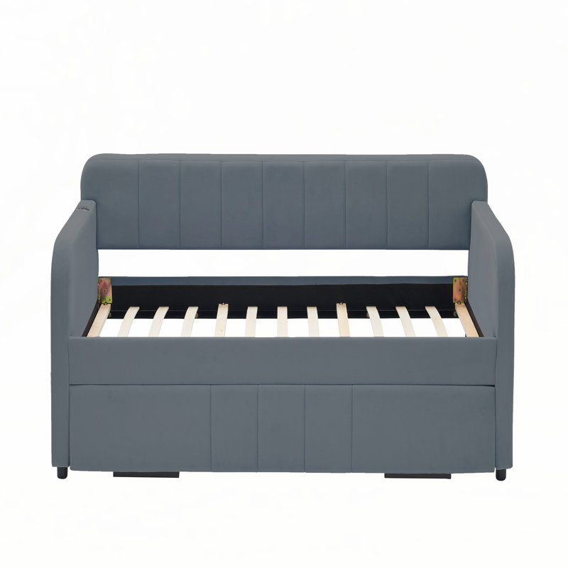 Velvet Upholstered Storage Daybed with Trundle,Side Pocket, Gray