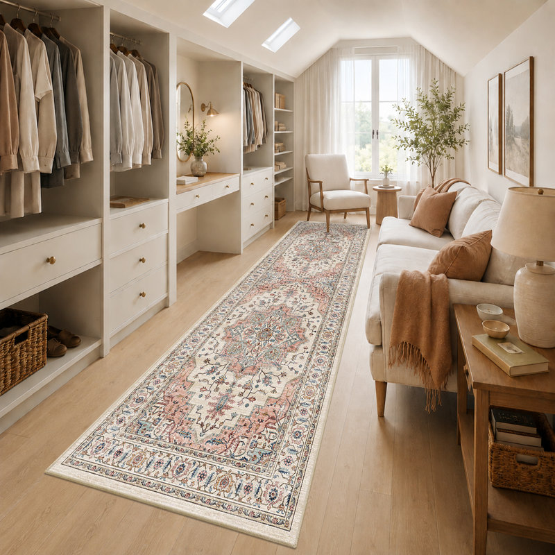Tapis lavable rétro, tapis à poils courts ultra-doux et antidérapant, Beige/Pink, Runner 3'x12'