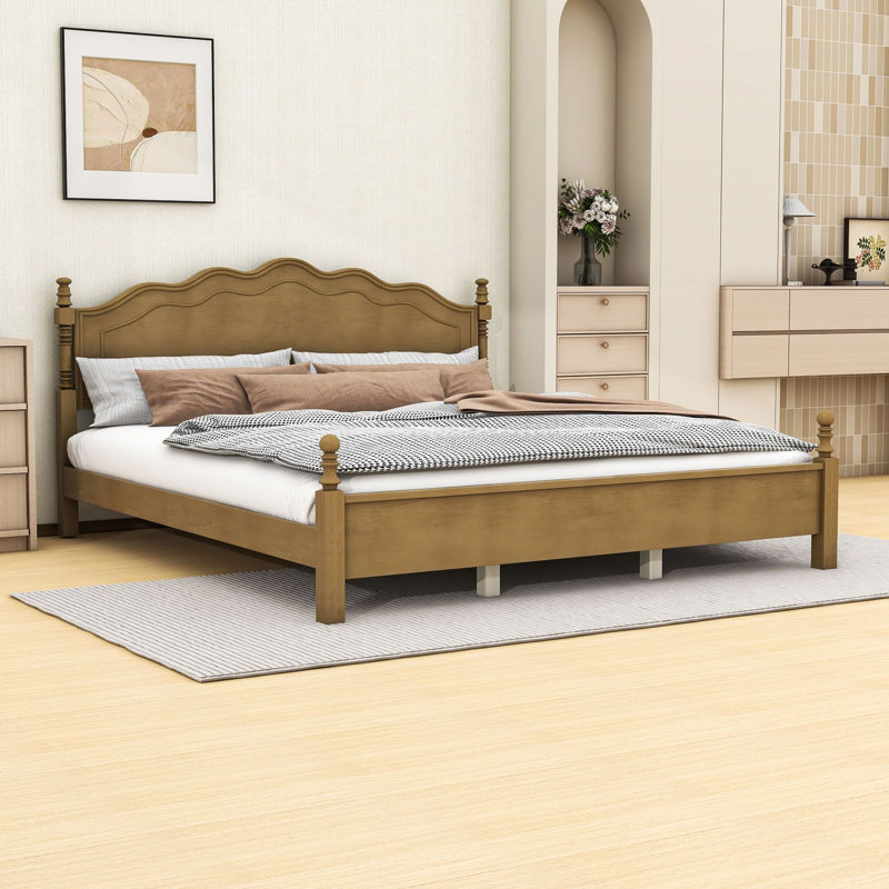 Base de lit plateforme avec tête de lit grand et courbé avec lattes en bois renforcé et pieds de soutien centraux, King