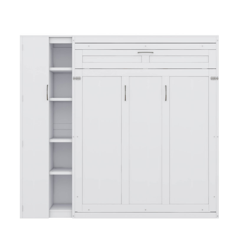 Full-Size Murphy Wall Bed Featuring Functional Shelves, Closet & Subtle LED Lighting, Full, White