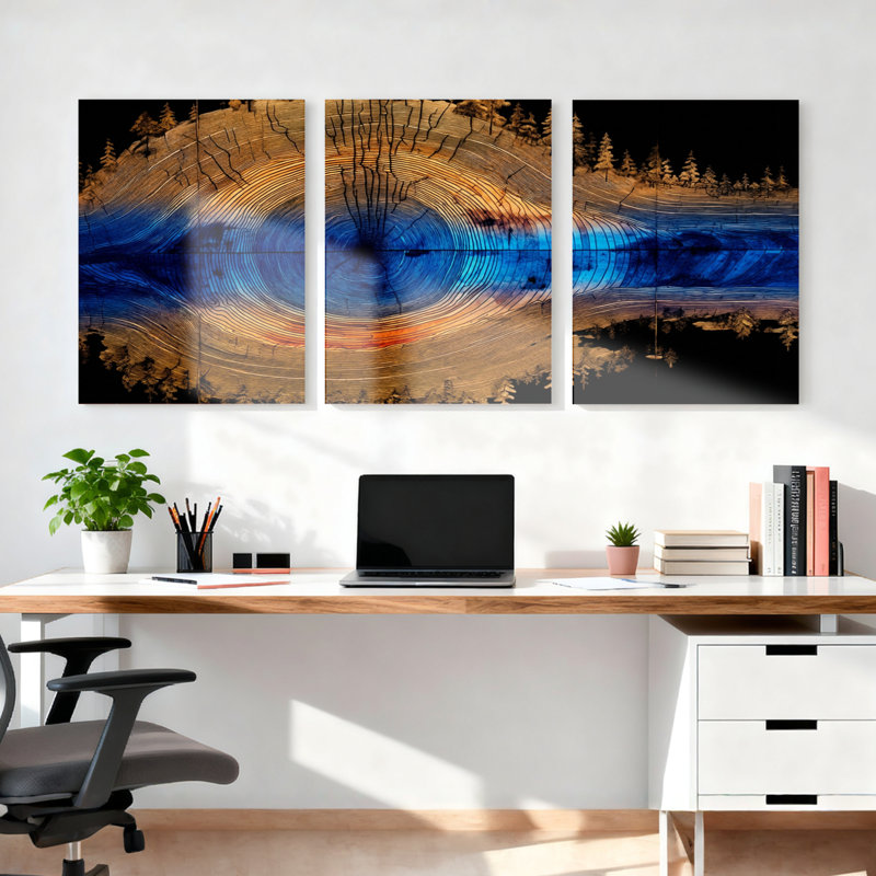 Ensemble de 3 tableaux muraux sur toile représentant un paysage d'anneaux d'arbres, 2436