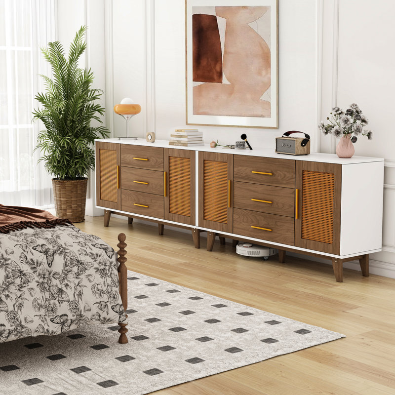 White and Brown 59" Rattan Sideboard with Wooden Legs
