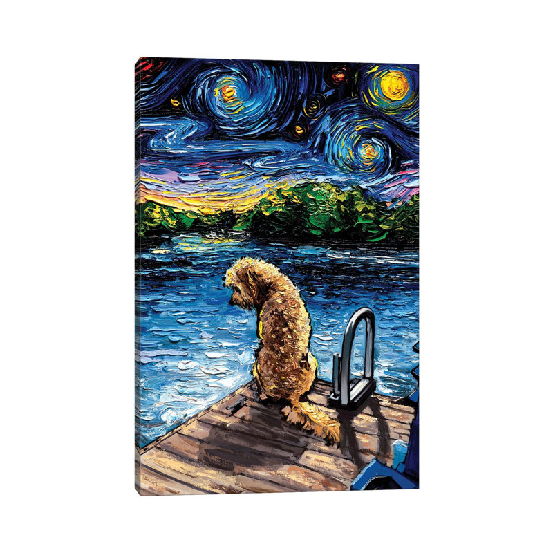 "Goldendoodle Night III" par aja Trèves, reproduction d’art, Pas de tapis, Toile tendue, H 12 po x l 8 po x P 0,75 po