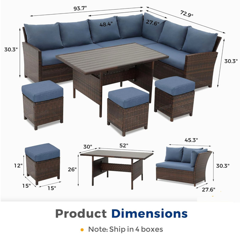 Ensemble de jardin 7 pièces avec coussins bleus, poufs et grande table, tapis antidérapants, coussins lavables à la machine, montage rapide