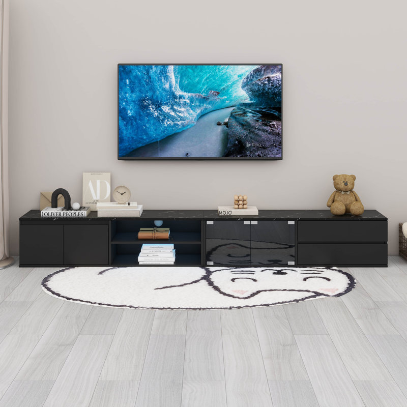 Modern APP Controlled LED TV Stand With Tempered Glass Doors, 2 Drawers & Cabinets, Black