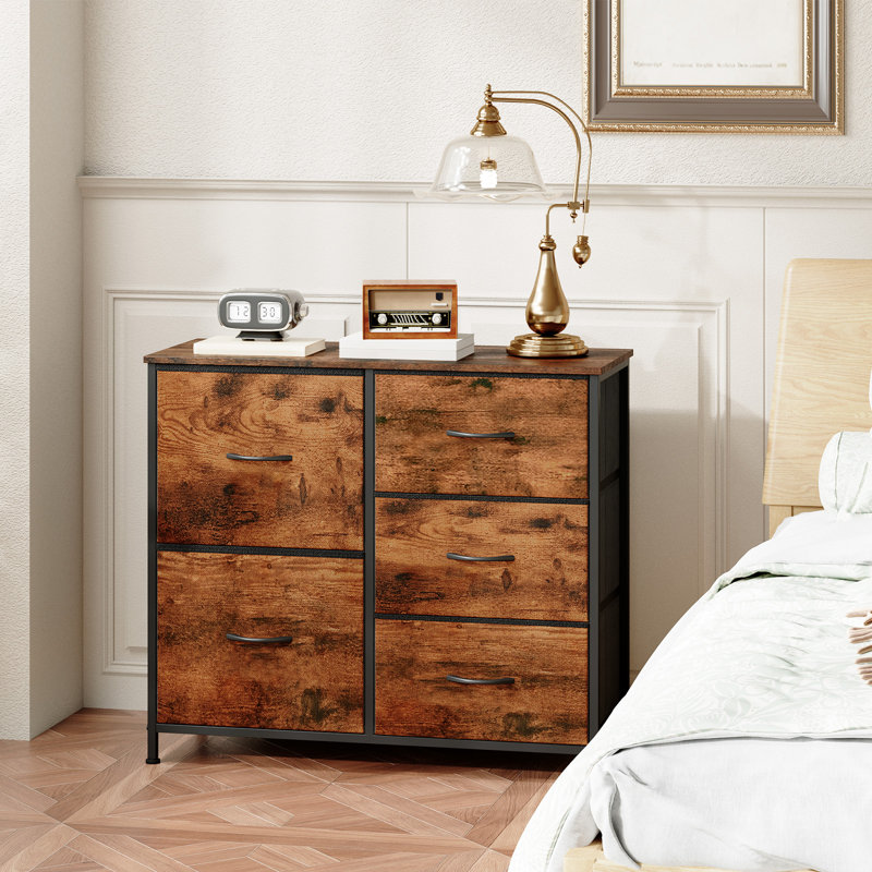  Commode 5 tiroirs en tissu, commode large avec structure en métal robuste, commode de rangement pour entrée de chambre à coucher, imprimé grain de bois