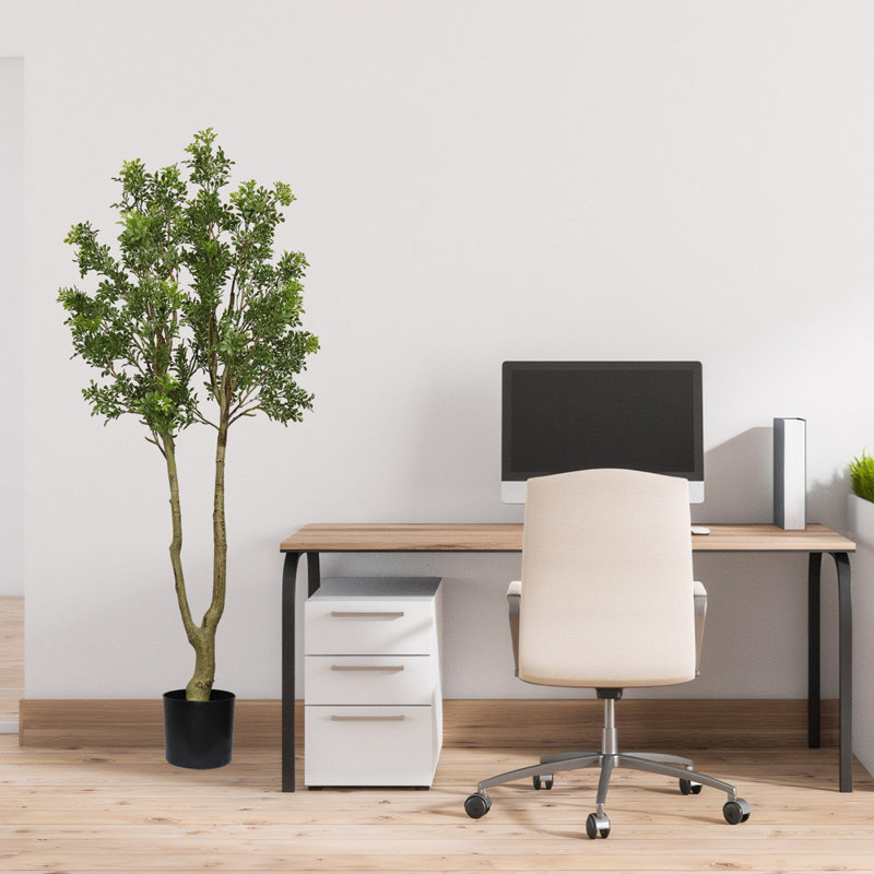 Arbre à feuillage persistant artificiel de 5,2 pi - grande plante luxuriante avec poteau naturel et branches courbées, décor hypoallergénique pour la maison / le bureau / le salon / l'entrée, ensemble 1 pièce démontable