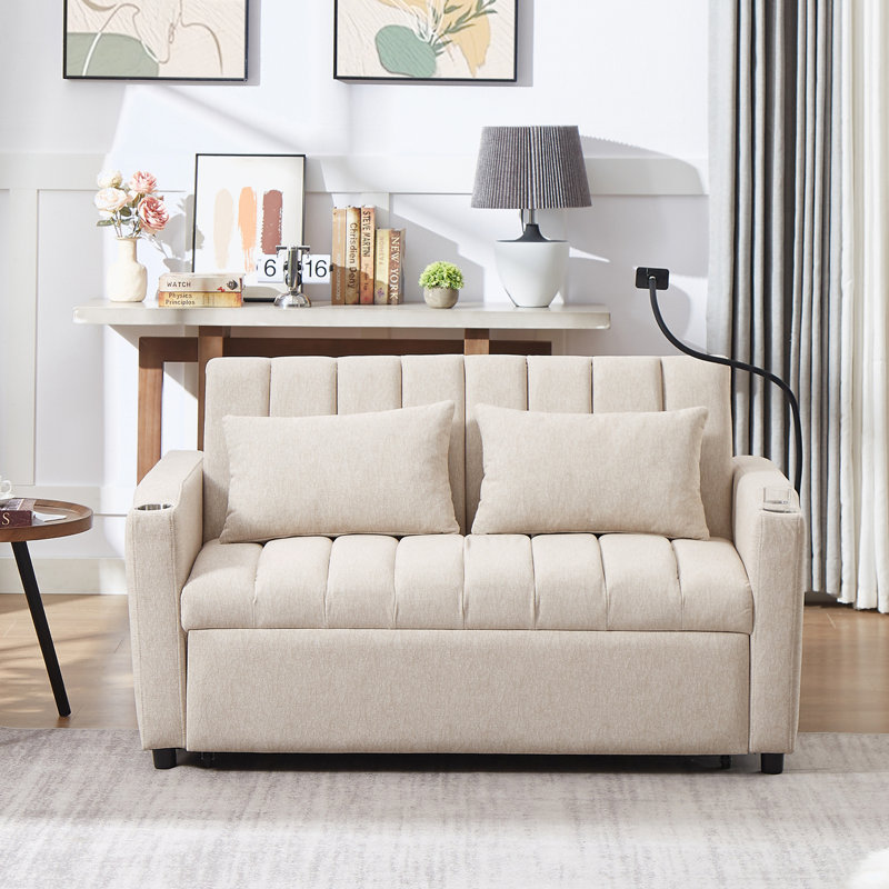 Causeuse avec accoudoirs carrés de 55,9 po, Mélange de polyester beige