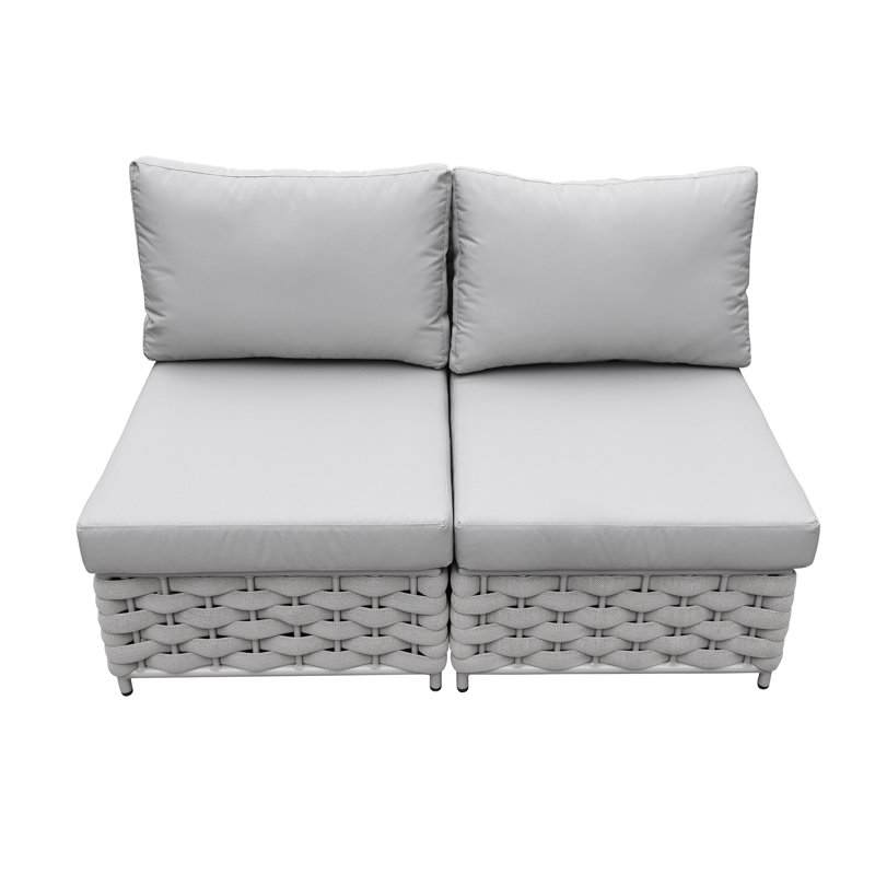 2-Person Modular Outdoor Armless Aluminum Frame Textilene Rope Chair With Cushions, Light Gray, Light Gray Textilene Rope