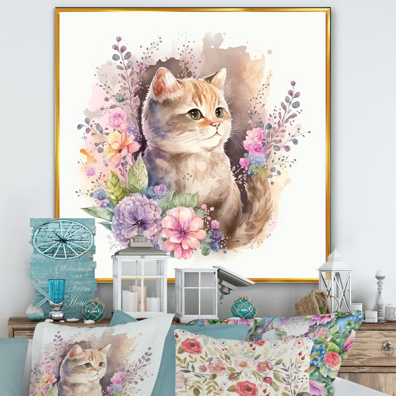 Petit chaton entouré de fleurs colorées II - animaux, art mural sur toile, L 24 po x H 24 po, Toile avec cadre flottant or