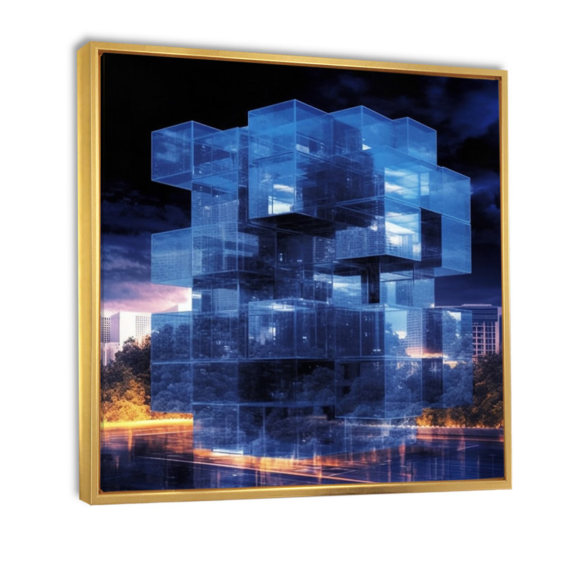 3D Cityscape Futur Architecture Nova Blue I - reproduction sur toile, H 36 po x l 36 po x P 1,5 po, Cadre flottant doré