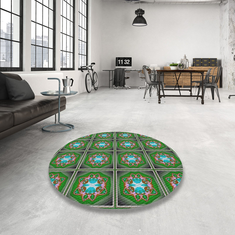 Tapis vert/bleu à motifs, Rond 4 pi